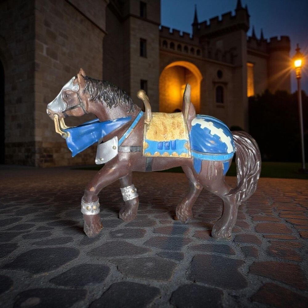 2005 Papo Fantasy Medieval Knight Horse PVC Figure Brown Blue Silver B14